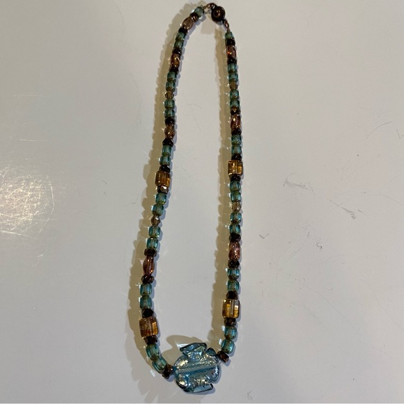 Dichroic glass pendant with multicolored glass beaded necklace 17”, clasp unique - Picture 3 of 5